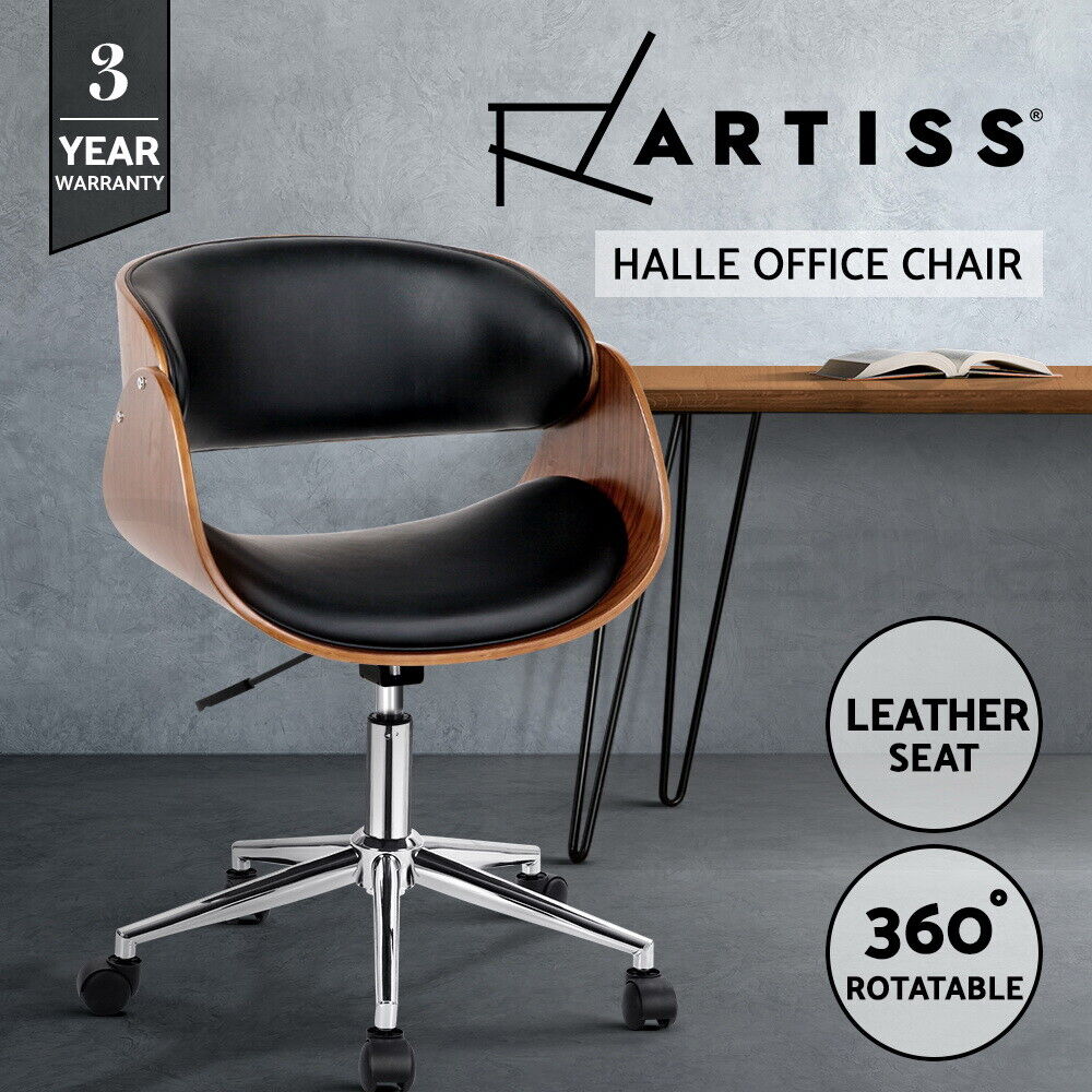 Artiss Wooden Office Chair Leather Computer Chairs Adjustable Work Study Black