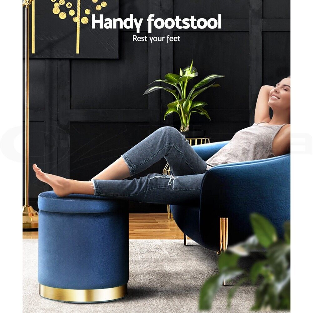 Artiss Foot Stool Round Velvet Storage Ottoman Foot Rest Pouffe Footstool Navy