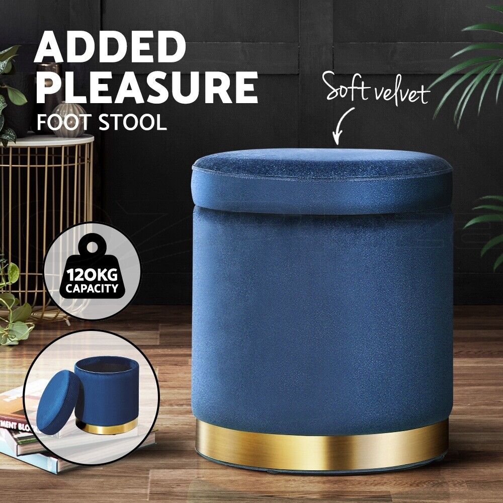 Artiss Foot Stool Round Velvet Storage Ottoman Foot Rest Pouffe Footstool Navy