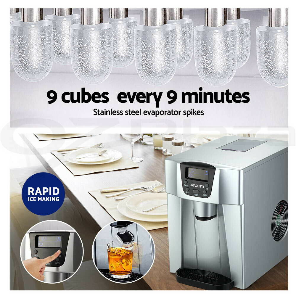 Devanti 2L Portable Ice Maker Commercial Machine Water Dispenser Ice Cube Nugget Silver