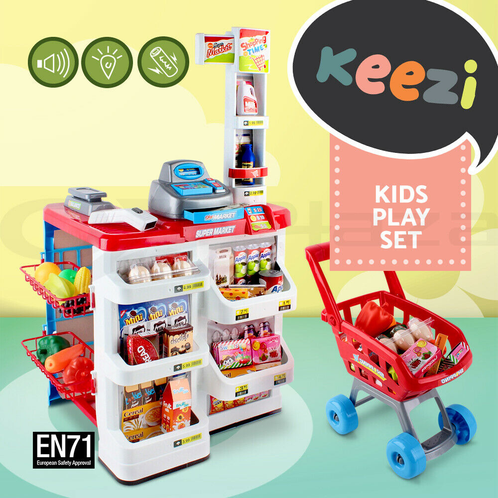 Keezi Kids Pretend Role Play Supermarket 24 Piece Playset Cash Register Trolley