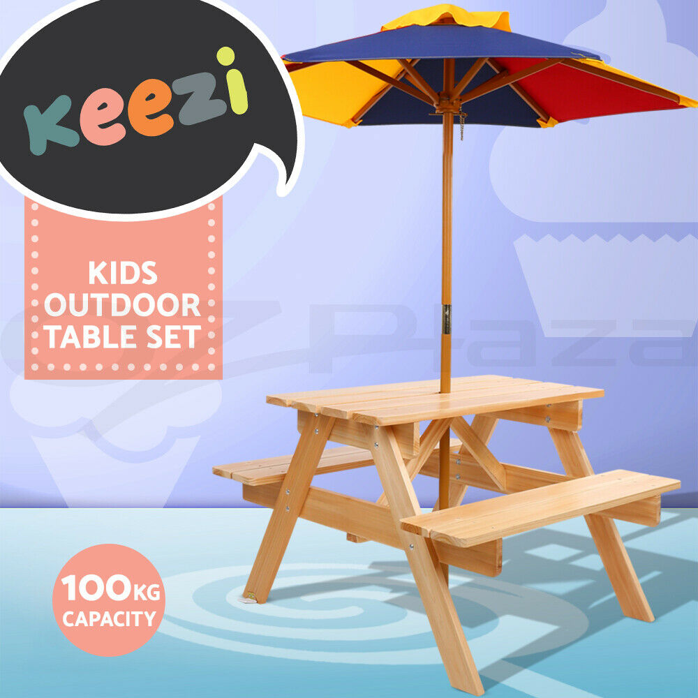 Keezi Kids Table and Chairs Picnic Bench Set Umbrella Children Outdoor Indoor