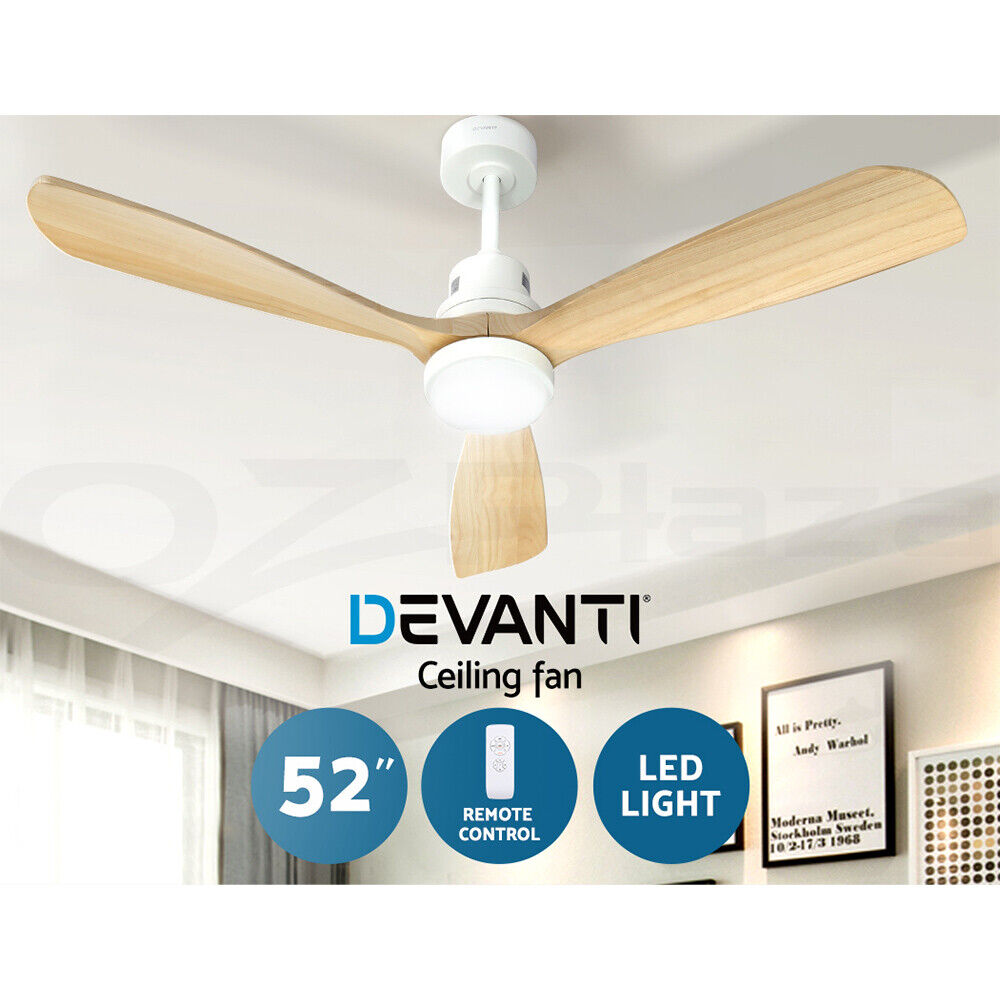 Devanti 52'' Ceiling Fan AC Motor LED Light Remote - Light Wood