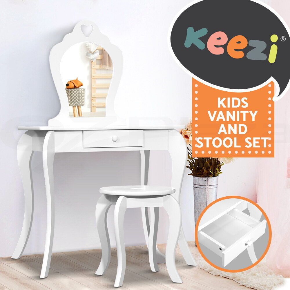 Keezi Kids Dressing Table Stool Set Vanity Mirror Princess Children Makeup White