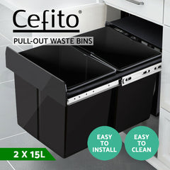 Cefito Pull Out Bin Kitchen Double Basket 2X15L Black