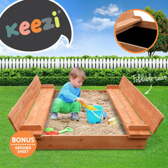 Keezi Kids Sandpit Wooden Sandbox Sand Pit Foldable Seat Outdoor Beach Toys 90cm