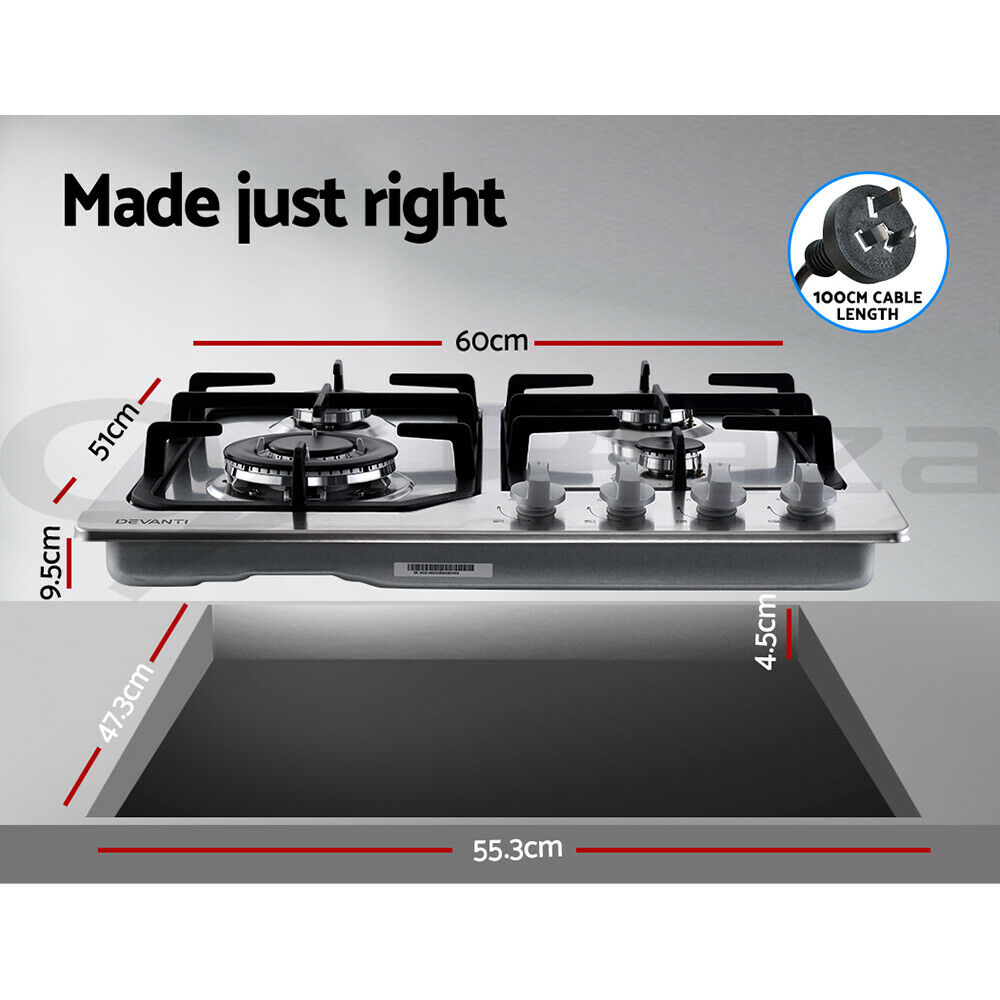 Devanti Gas Cooktop 60cm 4 Burner Silvir