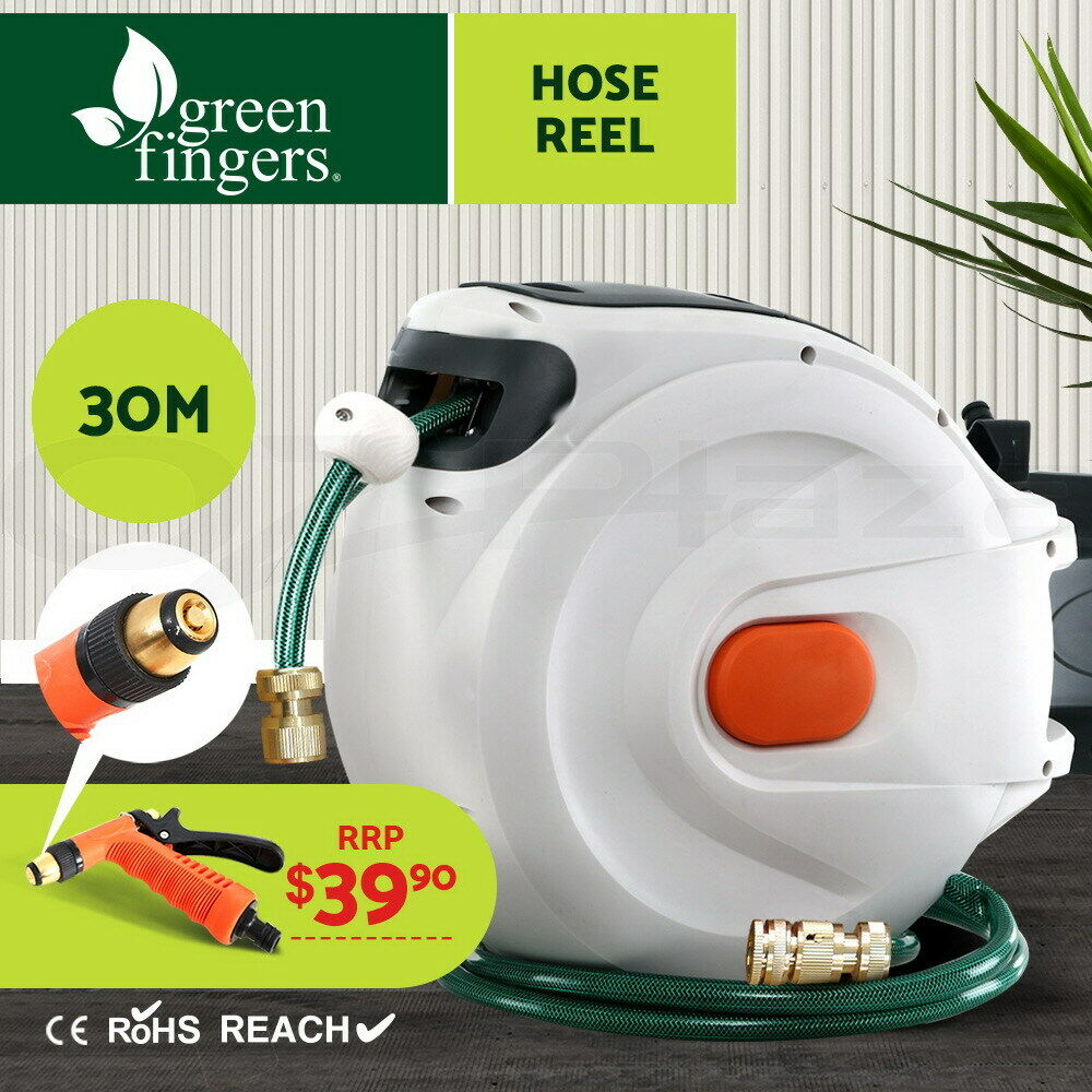 Greenfingers Water Hose Reel 30M Retractable Garden Brass Spray Gun Auto Rewind