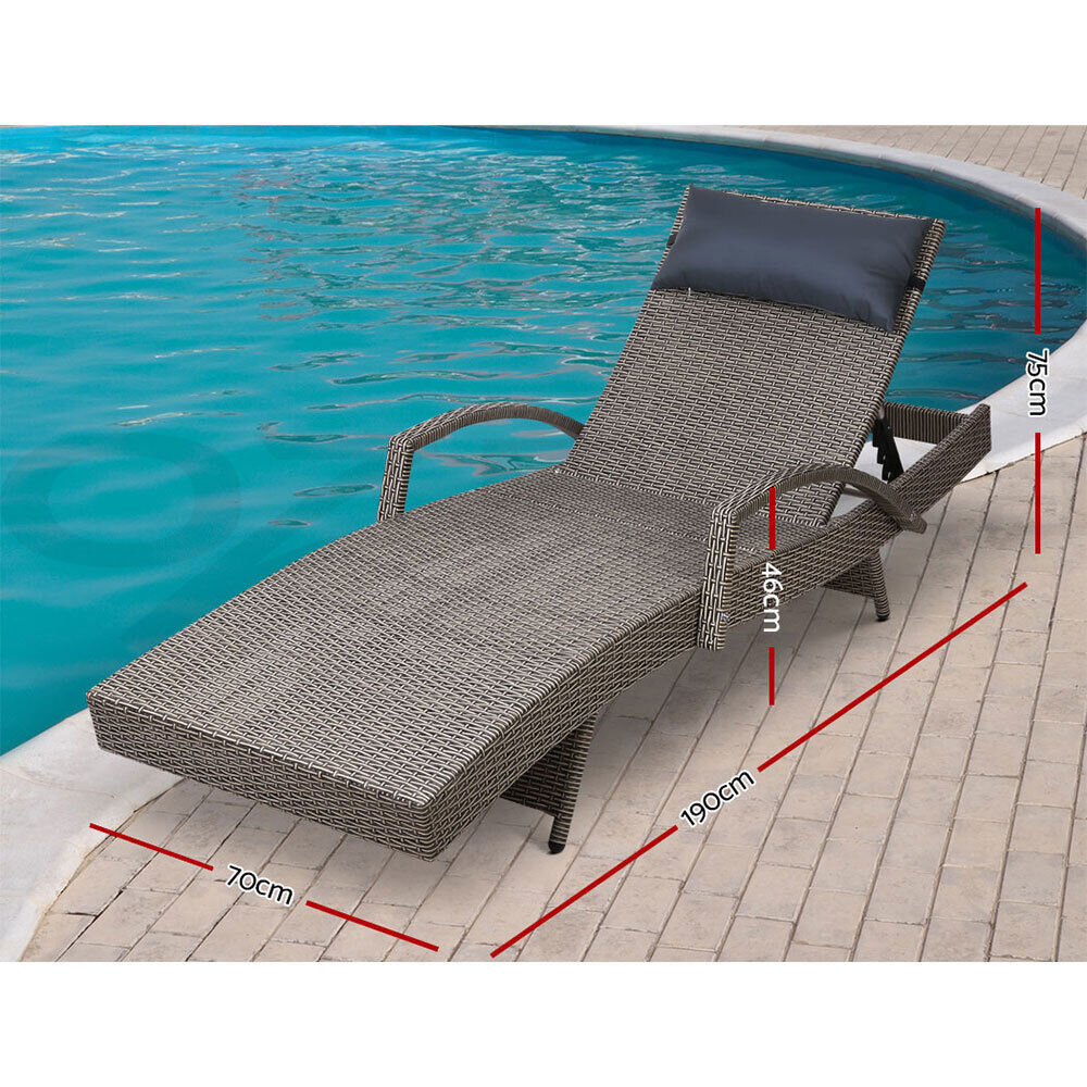 Gardeon Sun Lounge Wicker Lounger Outdoor Furniture Beach Armchair Adjustable Grey&Beige