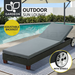 Gardeon Sun Lounge Wicker Lounger Outdoor Furniture Day Bed Wheels Patio Black