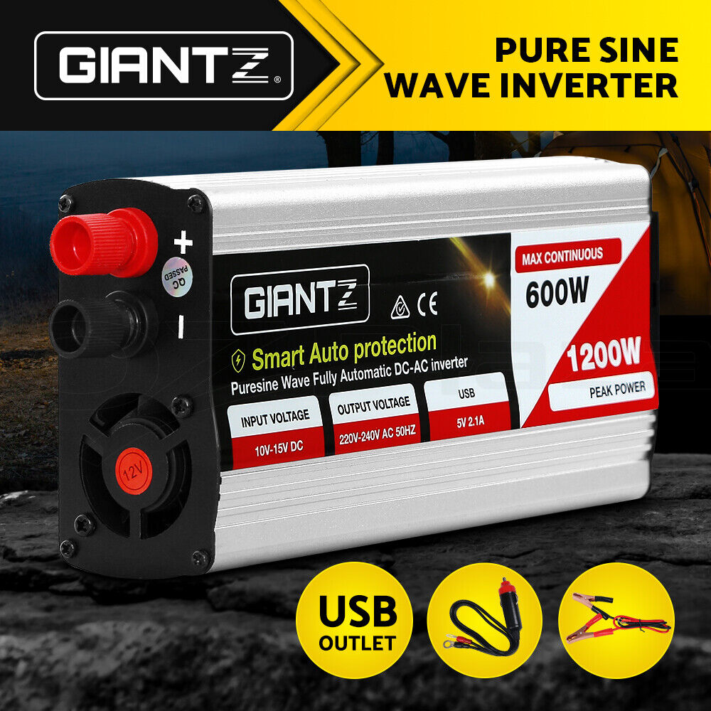 Giantz Power Inverter 600W/1200W 12V to 240V Pure Sine Wave Camping Car Boat