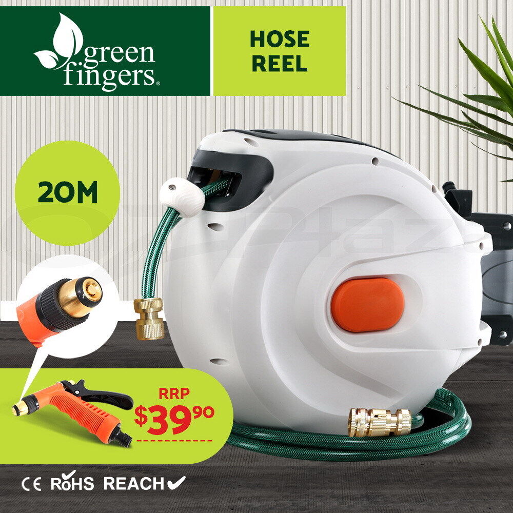 Greenfingers Water Hose Reel 20M Retractable Garden Brass Spray Gun Auto Rewind