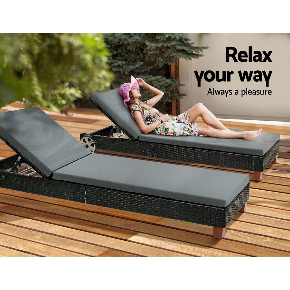 Gardeon Sun Lounge Wicker Lounger Outdoor Furniture Day Bed Wheels Patio Black