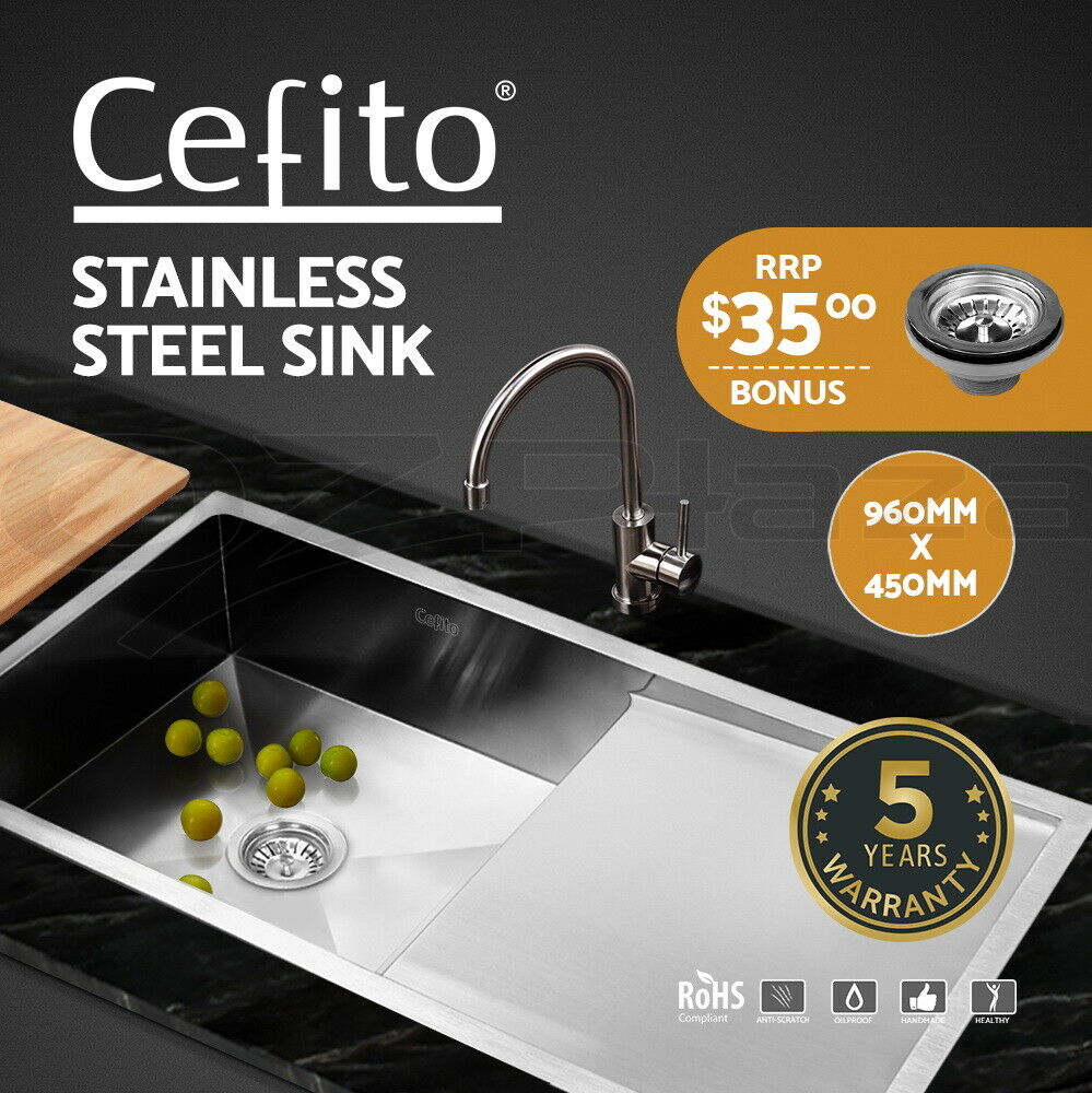 Cefito Kitchen Sink 96X45CM Stainless Steel Basin Single Bowl Laundry Silver