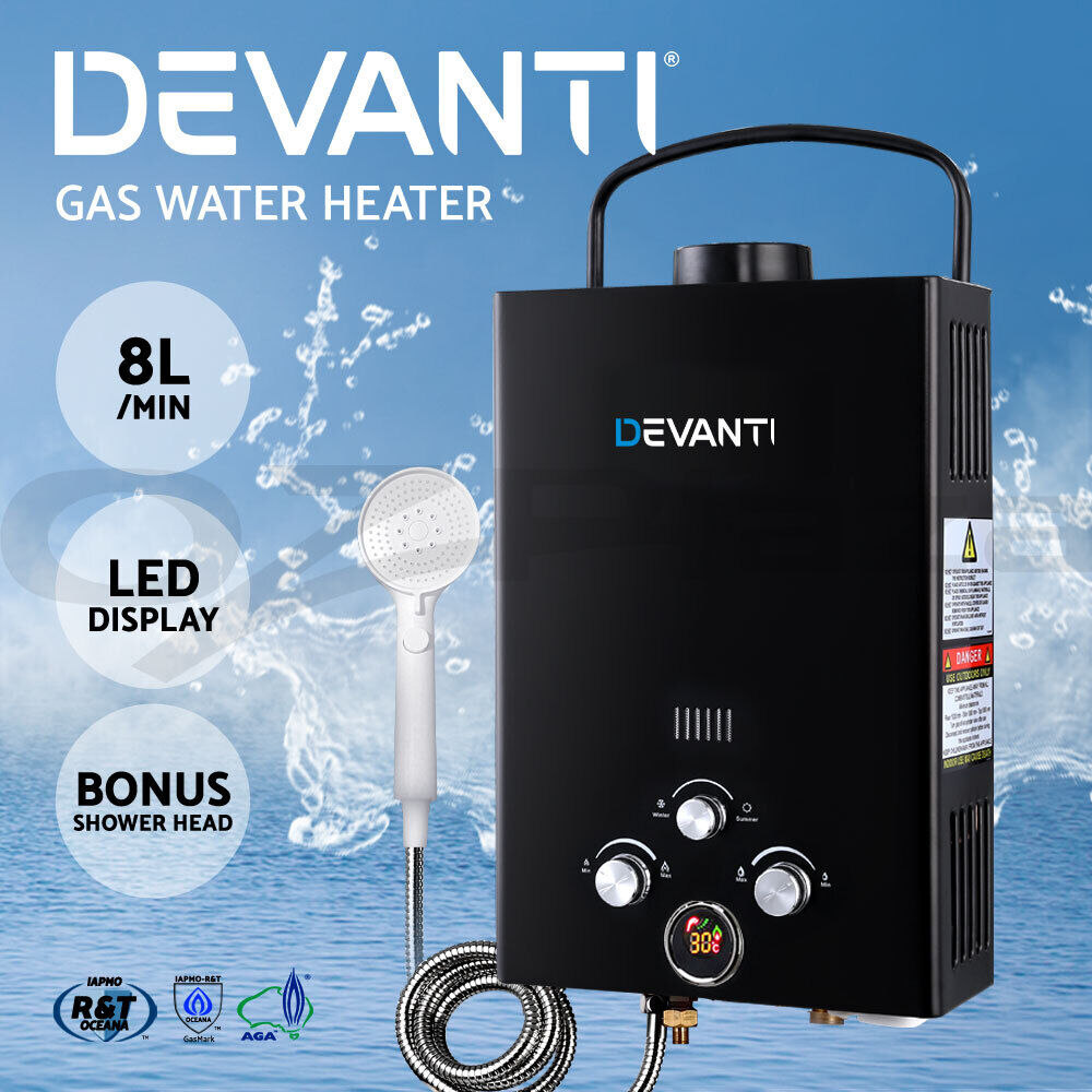 Devanti Portable Gas Water Heater 8L/Min LPG System Black