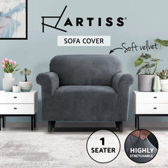 Artiss Velvet Sofa Cover Plush Couch Cover Lounge Slipcover 1 Seater Grey