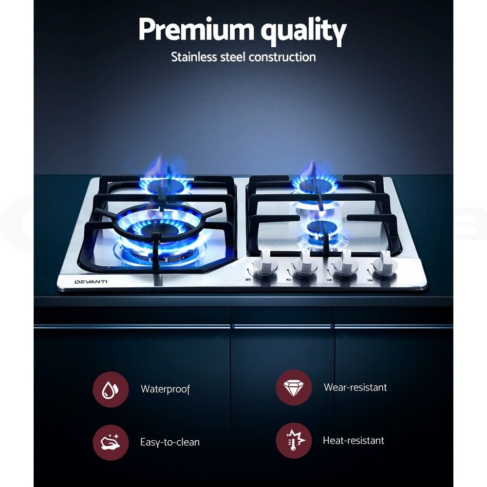 Devanti Gas Cooktop 60cm 4 Burner Silvir