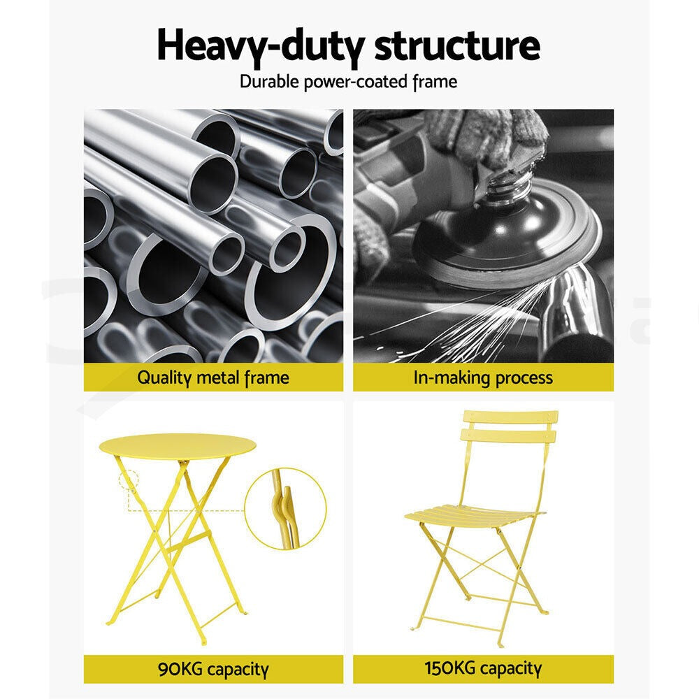 Gardeon 3PC Outdoor Bistro Set Steel Table and Chairs Patio Furniture Yellow