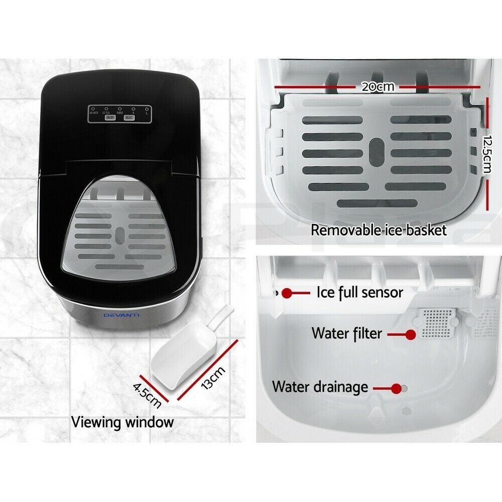 Devanti Ice Maker Machine Commercial Portable Ice Cube Nugget Tray Stainless Steel 2.4L