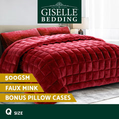 Giselle Bedding Faux Mink Quilt Burgundy Queen