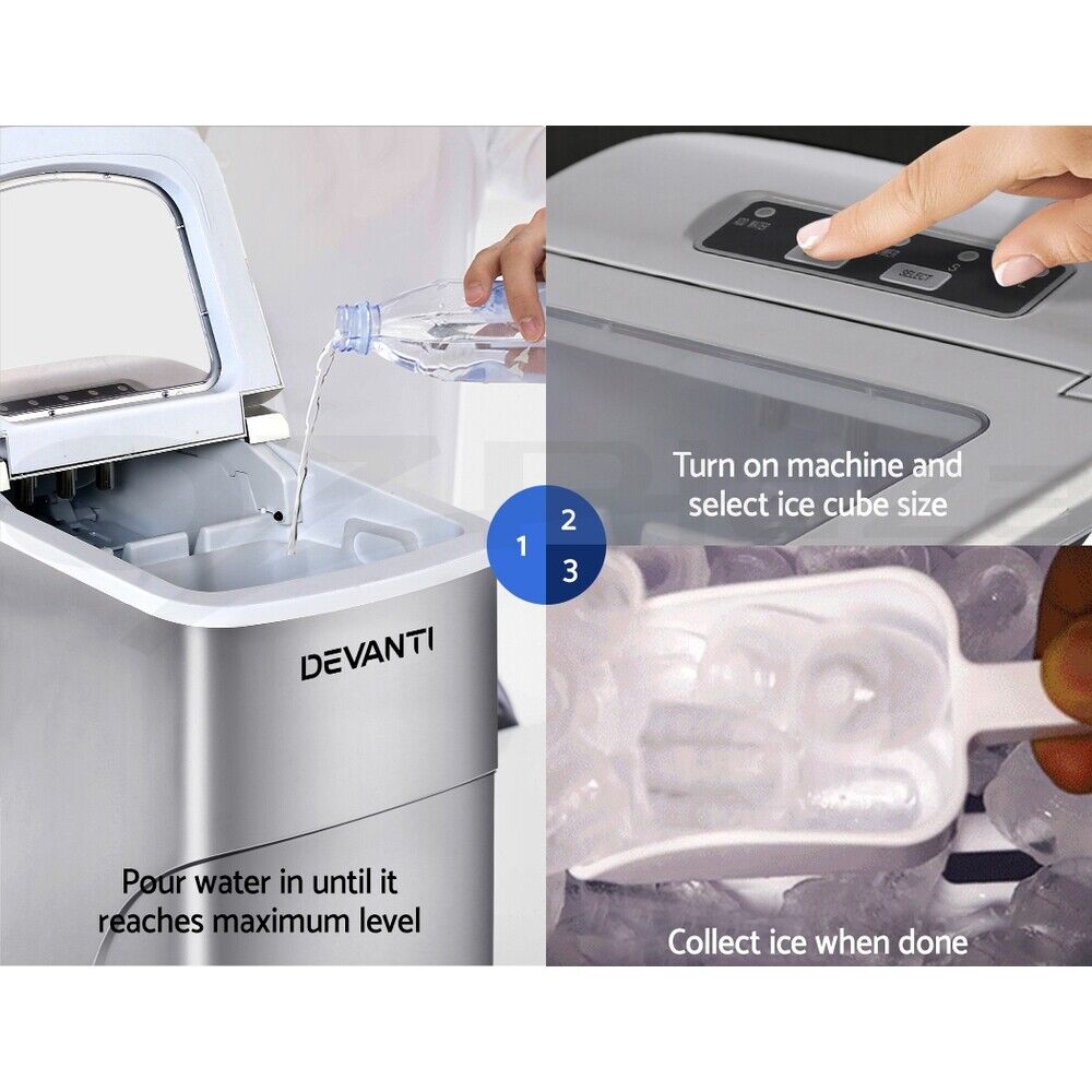 Devanti Portable Ice Maker Commercial Machine Ice Cube 2L Bar Countertop Silver