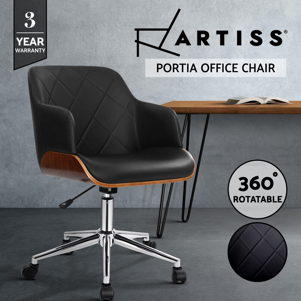 Artiss Wooden Office Chair Computer PU Leather Desk Chairs Executive Black Wood