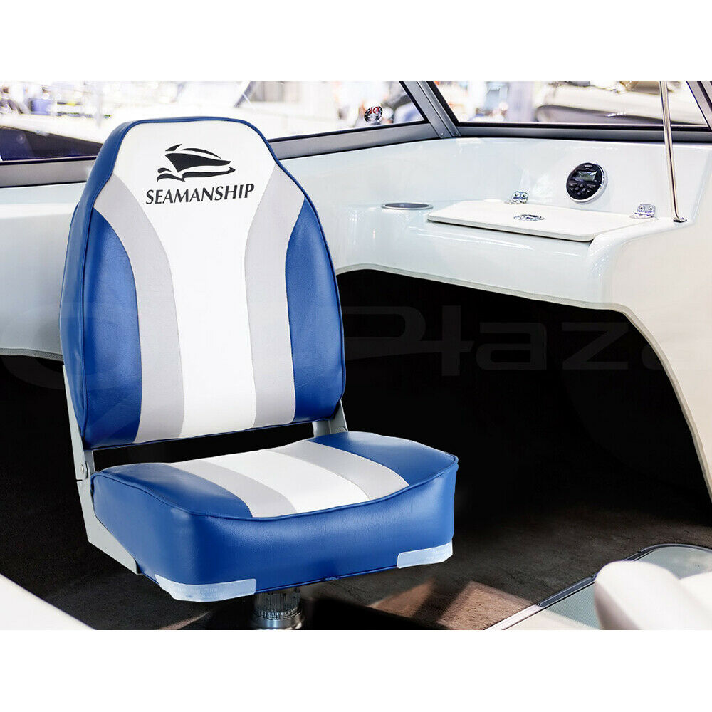 Seamanship 2X Folding Boat Seats Marine Seat Swivel High Back 12cm Padding Blue