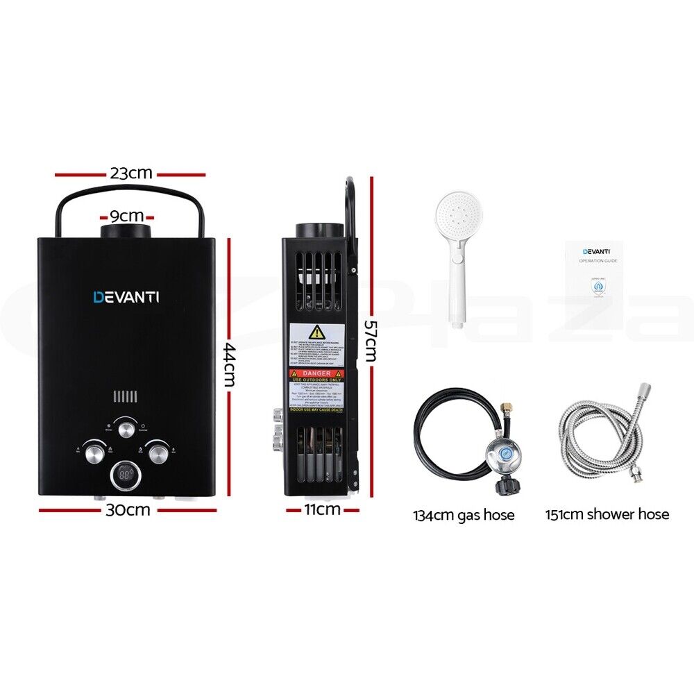 Devanti Portable Gas Water Heater 8L/Min LPG System Black