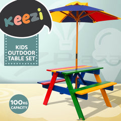 Keezi Kids Outdoor Table and Chairs Picnic Bench Set Umbrella Colourful Indoor