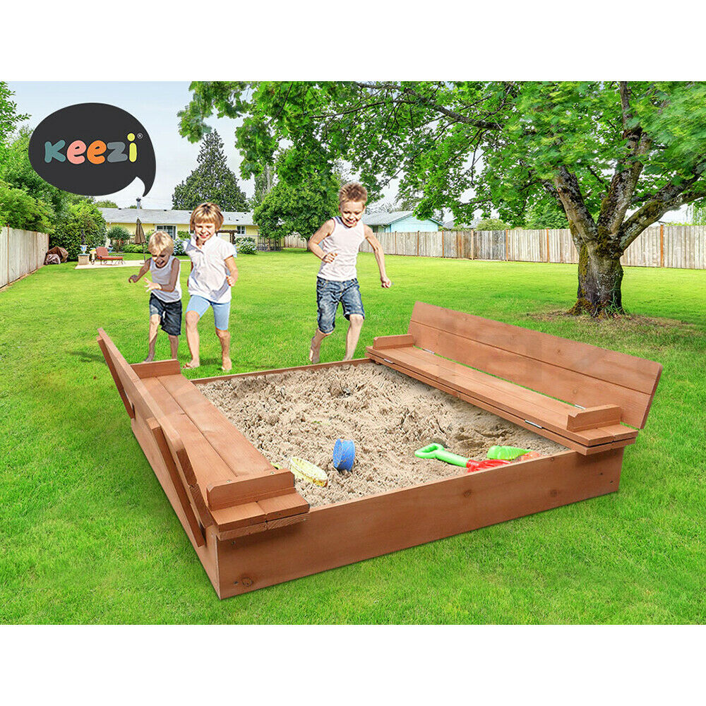 Keezi Kids Sandpit Wooden Sandbox Sand Pit Foldable Seat Outdoor Beach Toys 90cm