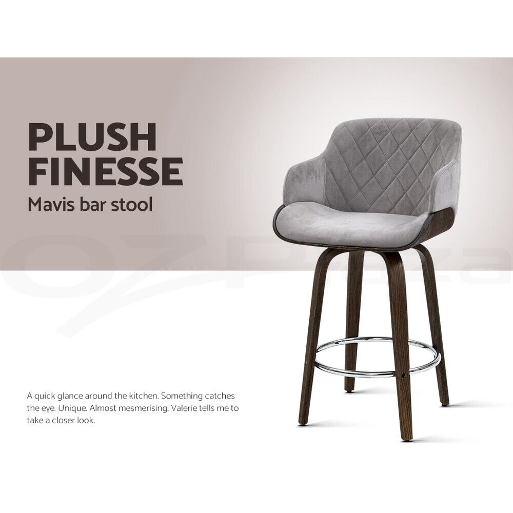 Artiss 1 x Kitchen Bar Stools Wooden Bar Stool Chairs Swivel Velvet Fabric Grey