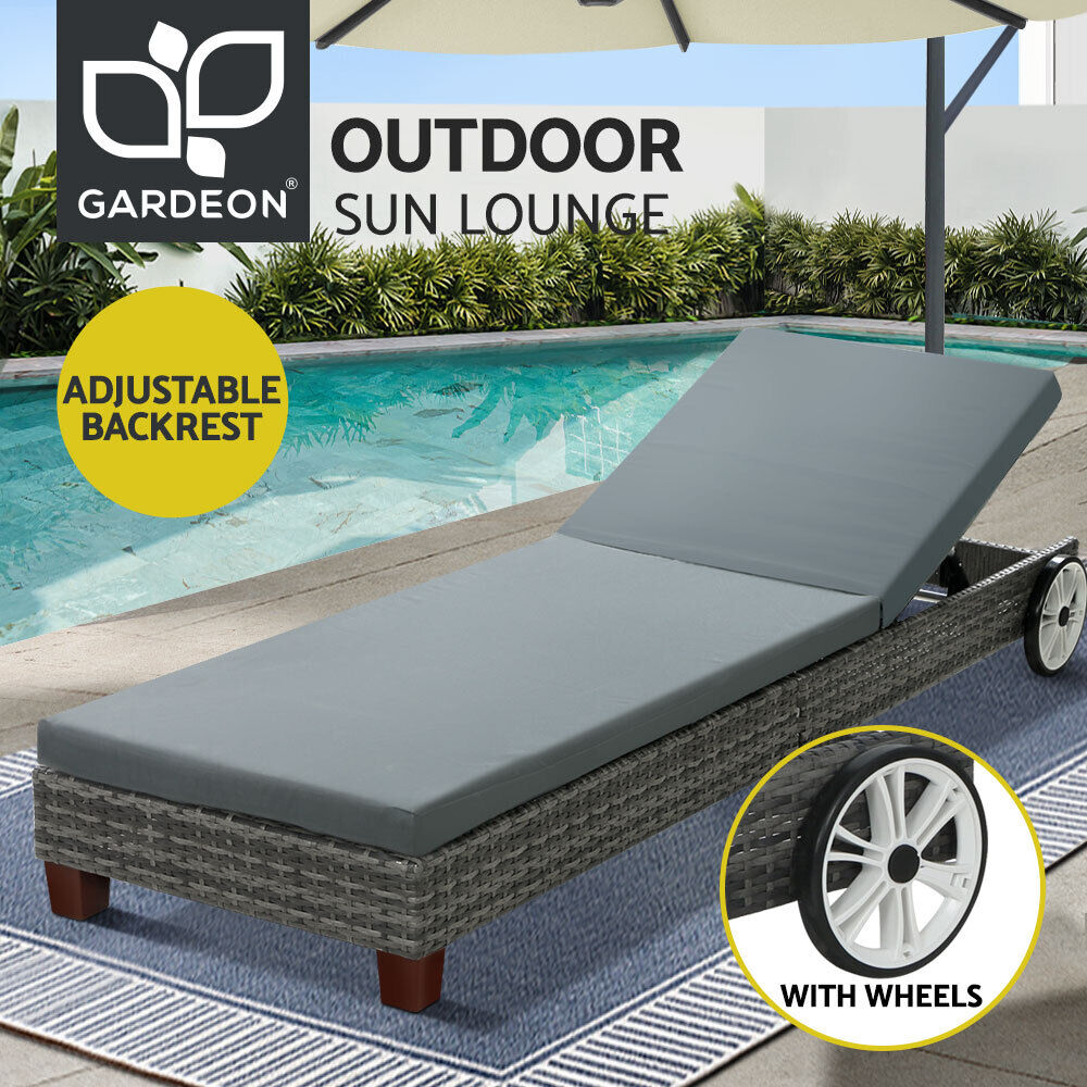 Gardeon Sun Lounge Wicker Lounger Outdoor Furniture Day Bed Wheels Patio Grey