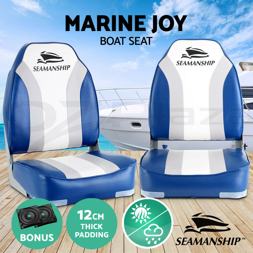 Seamanship 2X Folding Boat Seats Marine Seat Swivel High Back 12cm Padding Blue