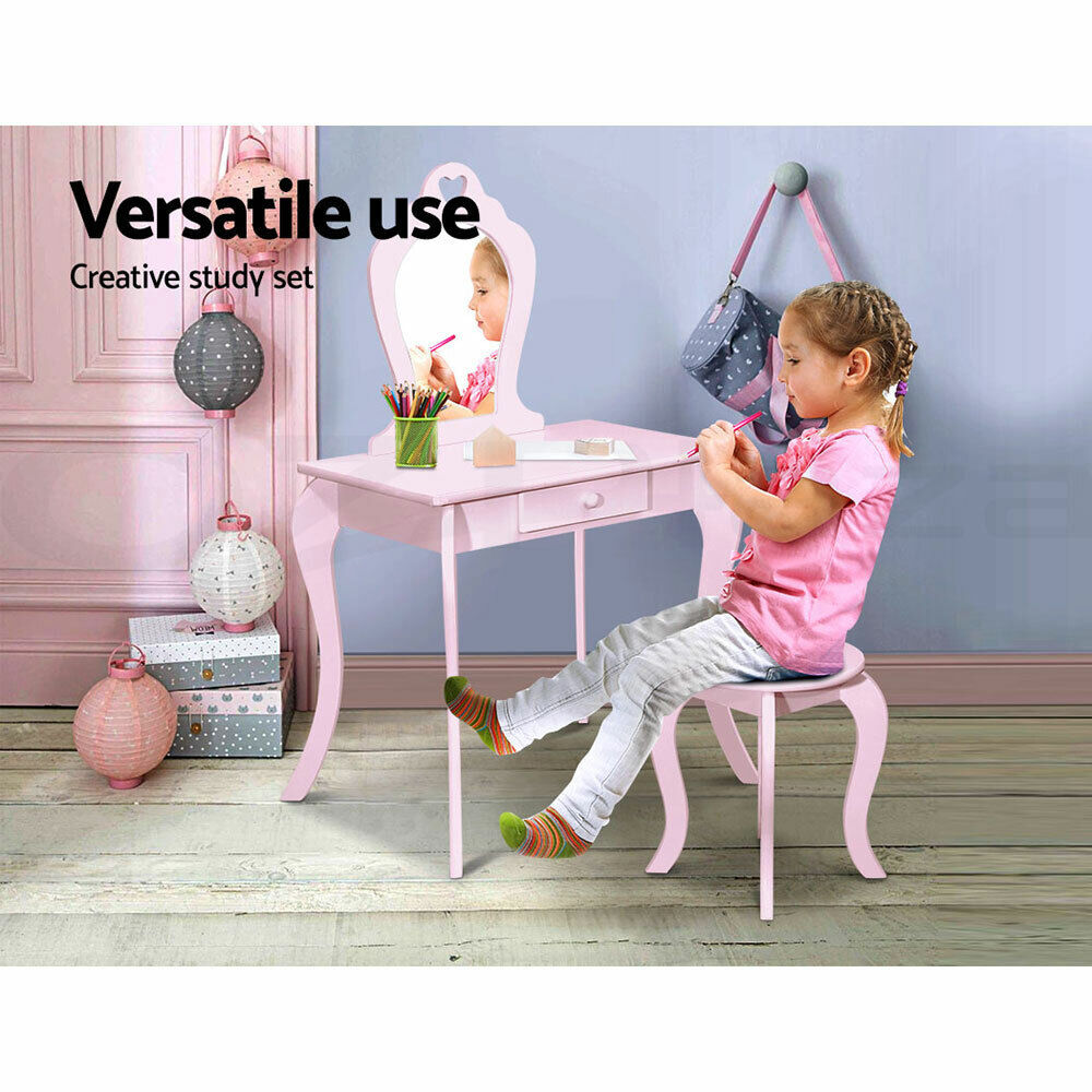 Keezi Kids Dressing Table Stool Set Vanity Mirror Princess Children Makeup Pink