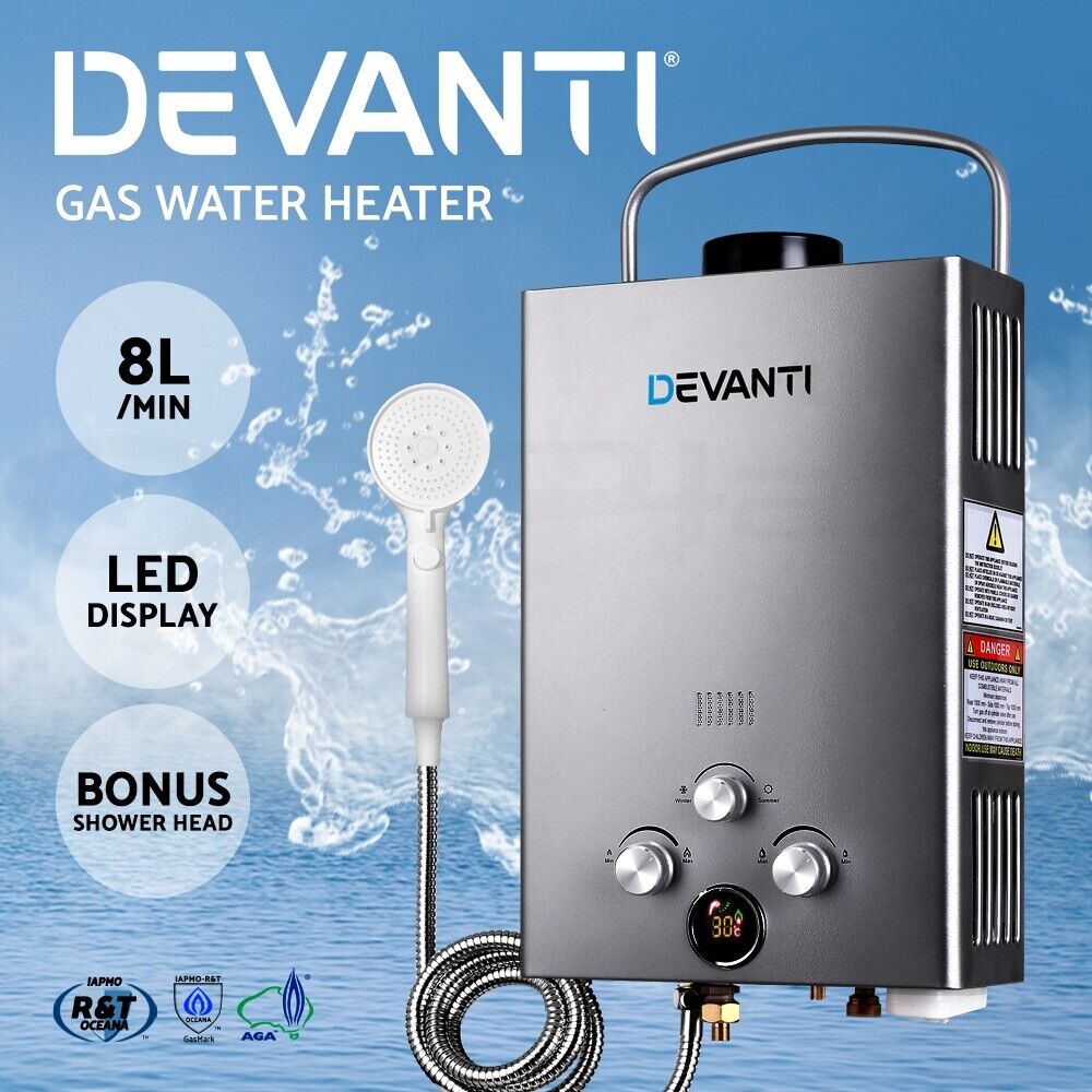 Devanti Portable Gas Water Heater 8L/Min LPG System Grey