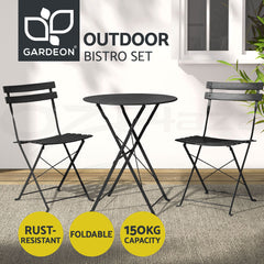 Gardeon 3PC Outdoor Bistro Set Steel Table and Chairs Patio Furniture Black