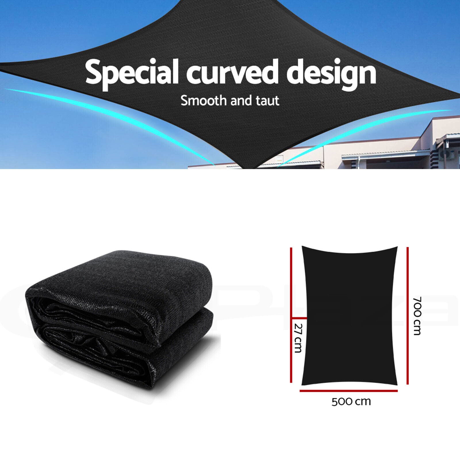 Instahut Shade Sail 5x7m Rectangle 280GSM 98% Black Shade Cloth