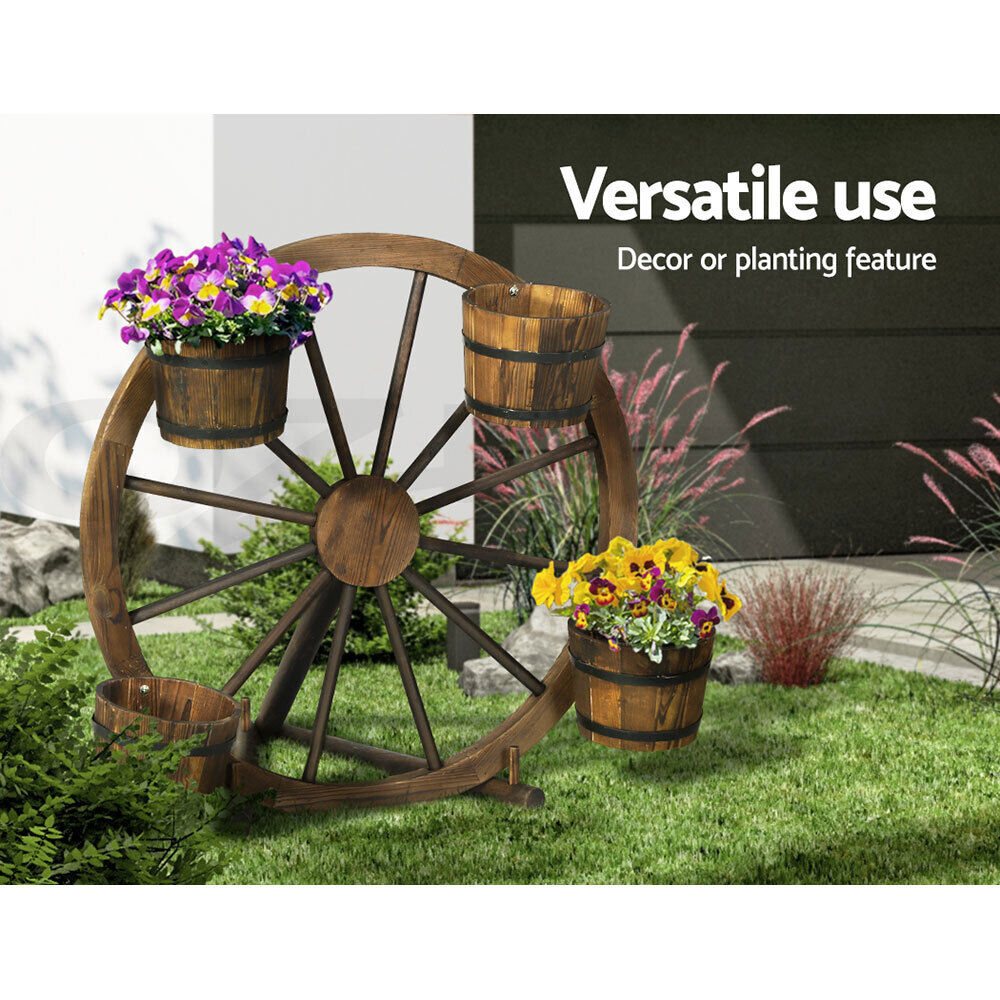 Gardeon Garden Decor Plant Stand Outdoor Ornament Wooden Wagon Wheel 80cm