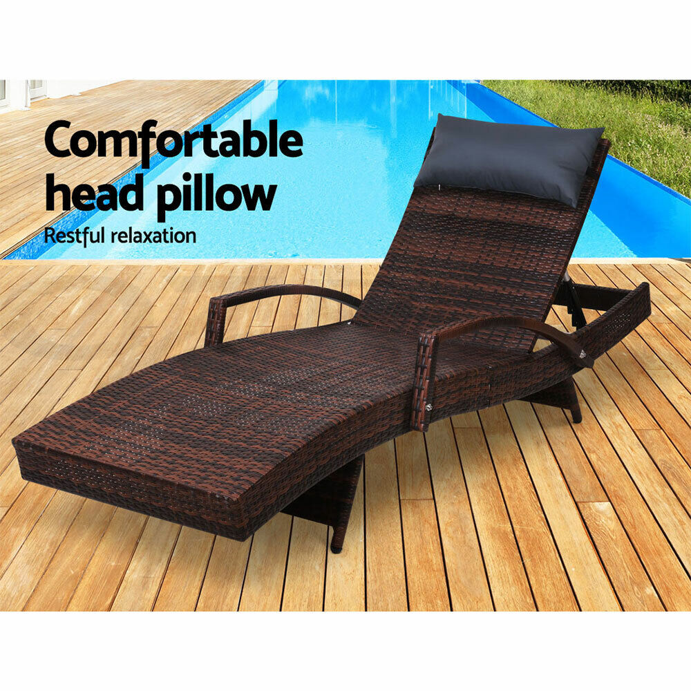 Gardeon Sun Lounge Wicker Lounger Outdoor Furniture Beach Chair Armrest Adjustable Brown