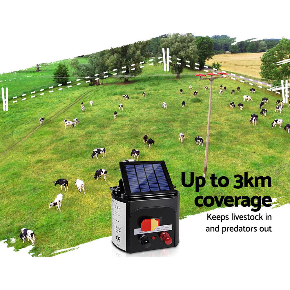 Giantz Fence Energiser 3KM Solar Powered 0.1J Electric Fencing Charger