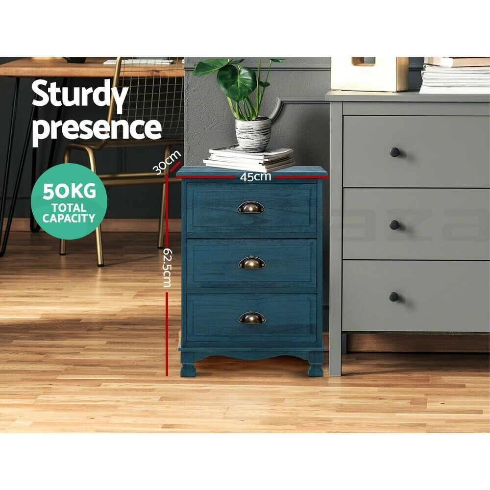 Artiss Bedside Tables 3 Drawers Side Table Cabinet Vintage Bedroom Storage Blue