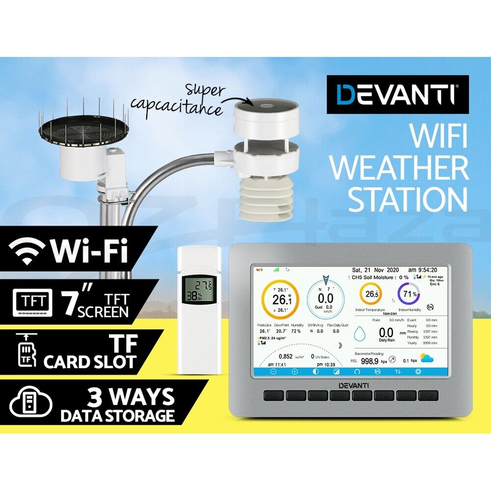 Devanti Weather Station Ultrasonic Anemometer Outdoor WiFi Rain Gauge Solar