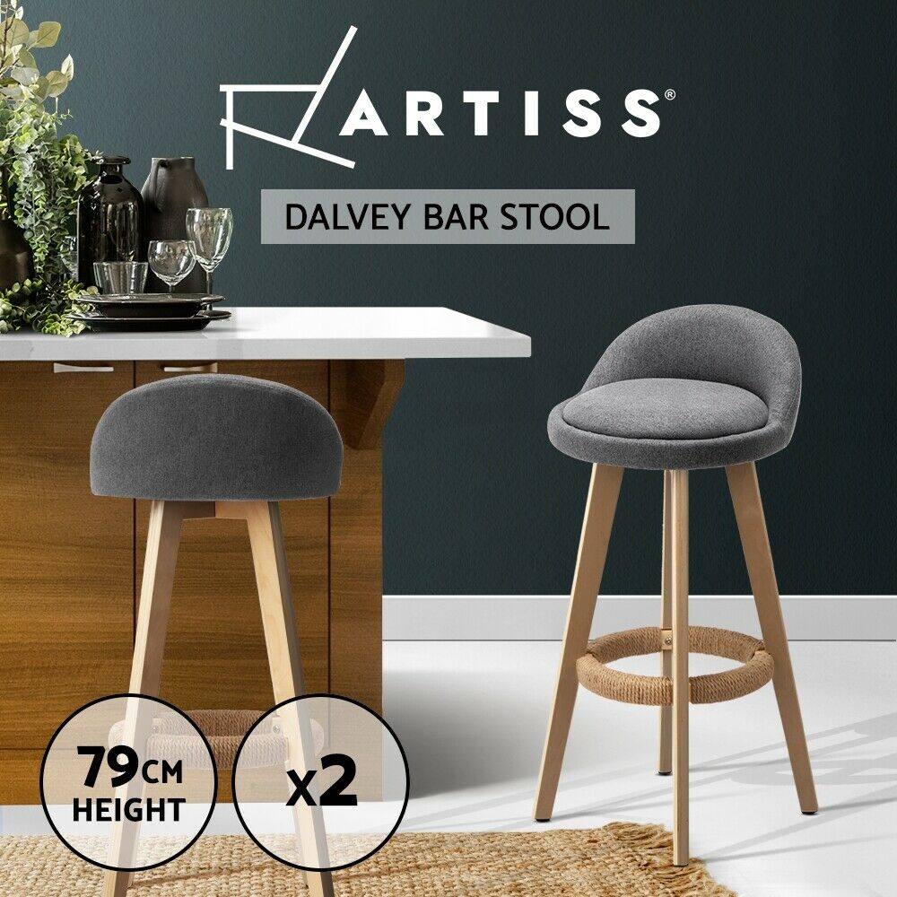 Artiss 2x Kitchen Bar Stools Wooden Stool Chairs Swivel Barstools Fabric Grey