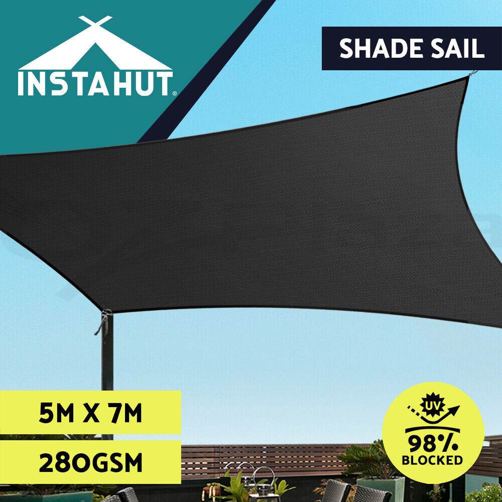 Instahut Shade Sail 5x7m Rectangle 280GSM 98% Black Shade Cloth