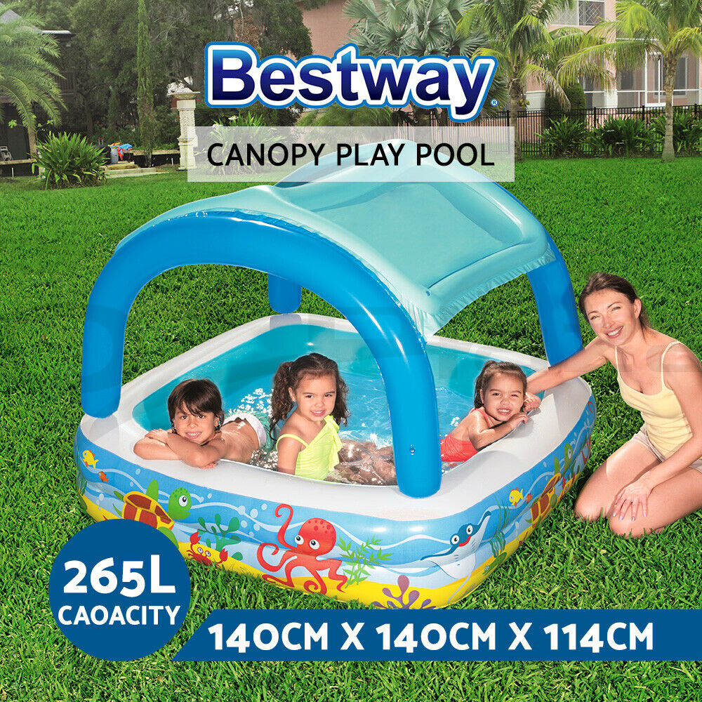 Bestway Kids Pool 140x140x114cm Inflatable Swimming w/ Canopy Play Pools 265L