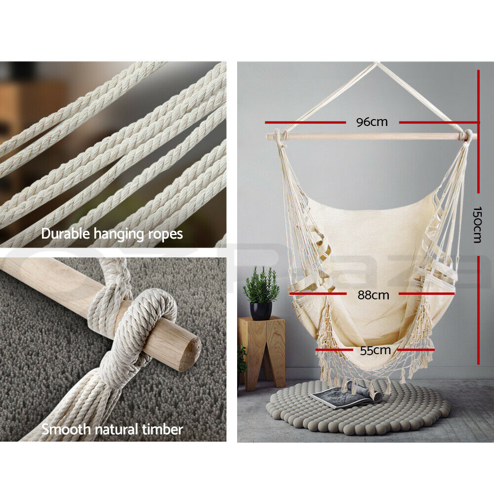 Gardeon Hanging Hammock Chair Outdoor Swing Hammocks Tassel Cream