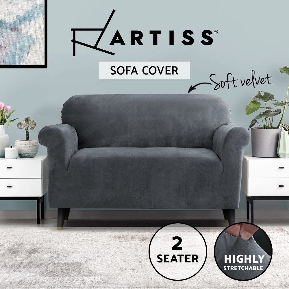 Artiss Velvet Sofa Cover Plush Couch Cover Lounge Slipcover 2 Seater Grey