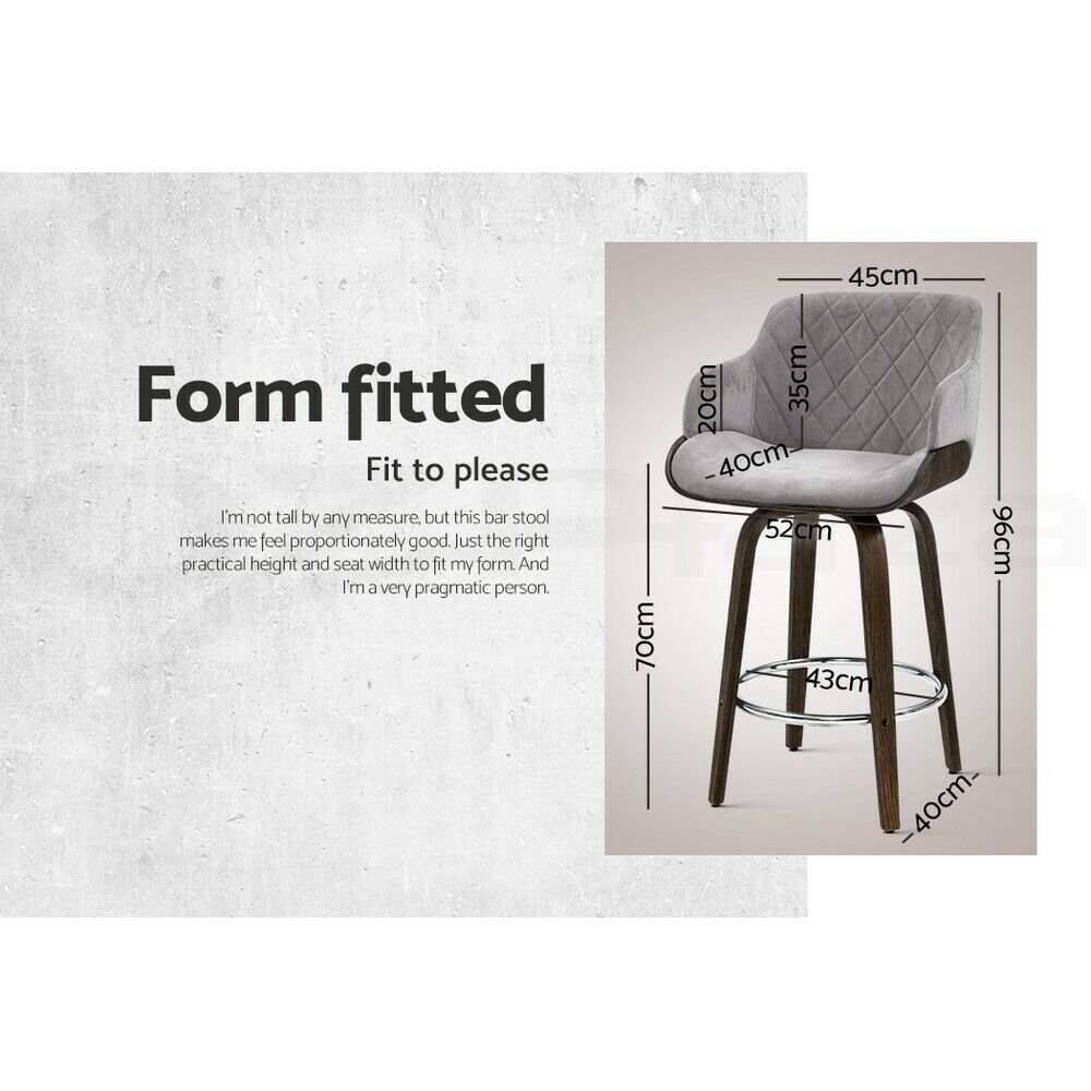 Artiss 1 x Kitchen Bar Stools Wooden Bar Stool Chairs Swivel Velvet Fabric Grey