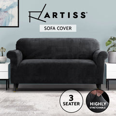 Artiss Velvet Sofa Cover Plush Couch Cover Lounge Slipcover 3 Seater Black