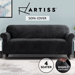 Artiss Velvet Sofa Cover Plush Couch Cover Lounge Slipcover 4 Seater Black